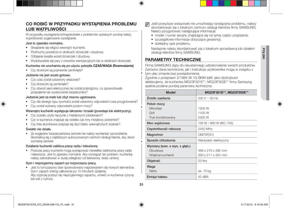 Samsung MG23F301EAS/EO manual Co robić w przypadku wystąpienia problemu lub wątpliwości, Parametry techniczne 