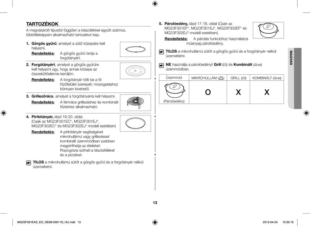 Samsung MG23F301EAS/EO Tartozékok, Rendeltetés, Üzemeltetni NE használja a párolóedényt Grill, És Kombinált, Üzemmódban 