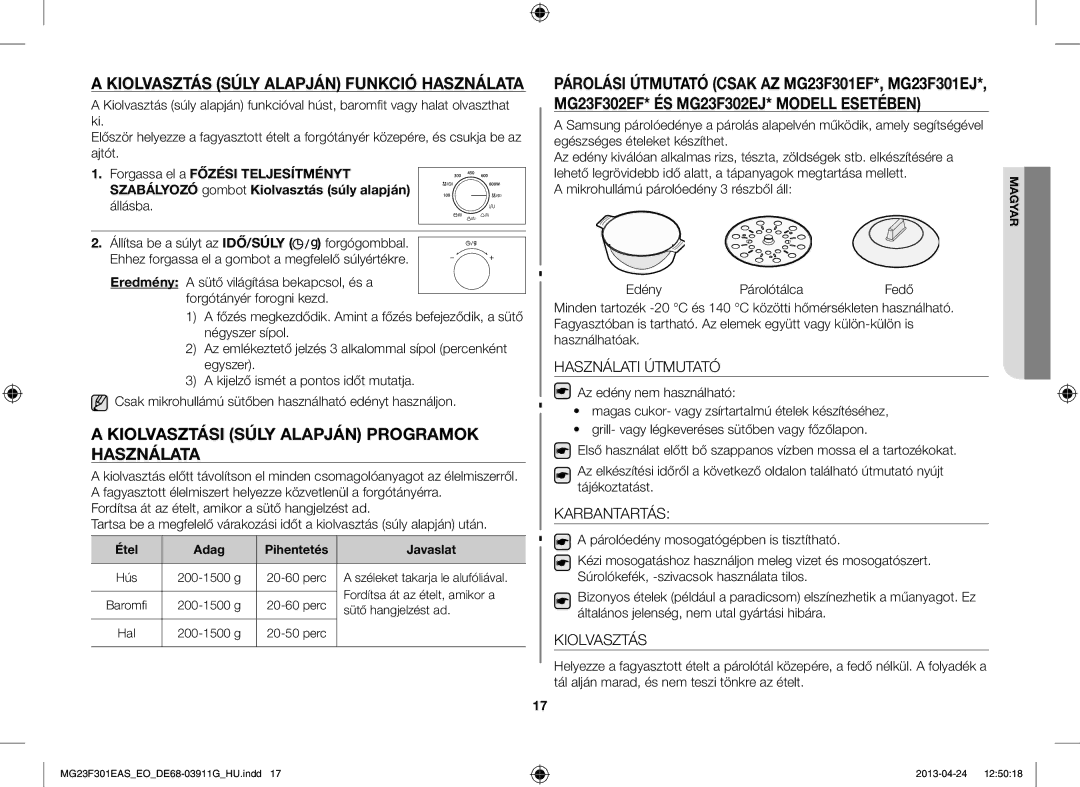 Samsung MG23F301EAS/EO manual Kiolvasztás Súly Alapján Funkció Használata, Kiolvasztási Súly Alapján Programok Használata 