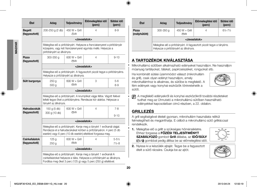 Samsung MG23F301EAS/EO manual Tartozékok Kiválasztása, Grillezés, Ehhez forgassa a Főzési Teljesítményt 