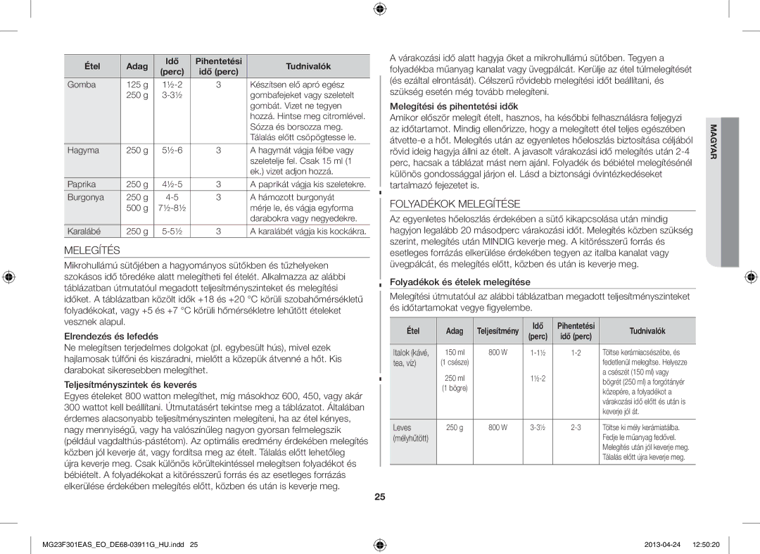 Samsung MG23F301EAS/EO manual Folyadékok Melegítése, Étel Adag Idő Pihentetési Tudnivalók 