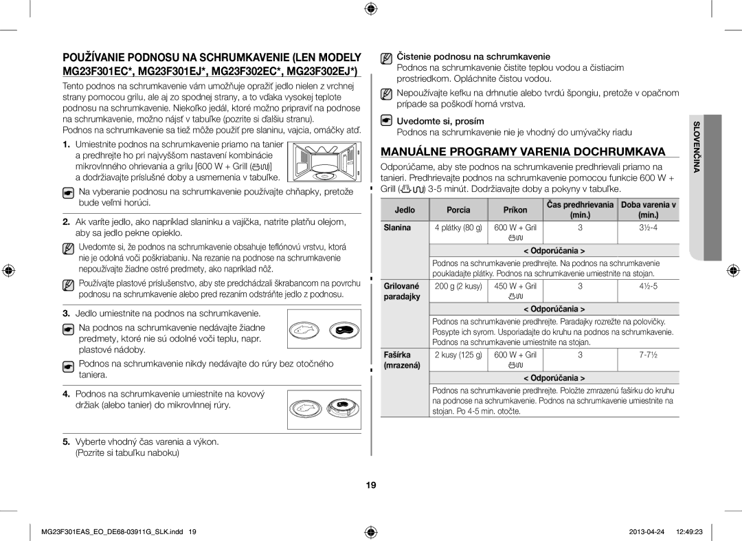 Samsung MG23F301EAS/EO manual Manuálne Programy Varenia Dochrumkava, Jedlo umiestnite na podnos na schrumkavenie 