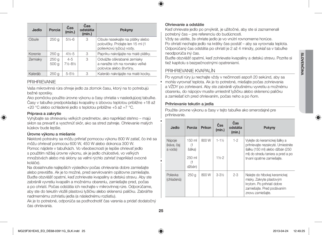 Samsung MG23F301EAS/EO manual Prihrievanie Kvapalín, Odstátia Pokyny 