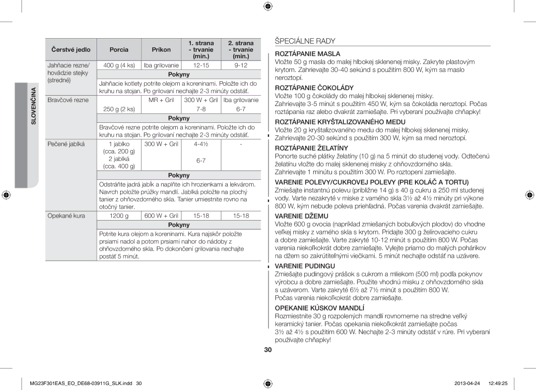 Samsung MG23F301EAS/EO manual Špeciálne Rady, Vložte 100 g čokolády do malej hlbokej sklenenej misky 