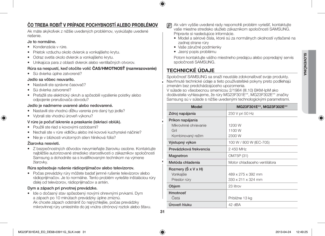 Samsung MG23F301EAS/EO manual Technické Údaje, Sú dvierka úplne zatvorené? Jedlo sa vôbec neuvarilo 