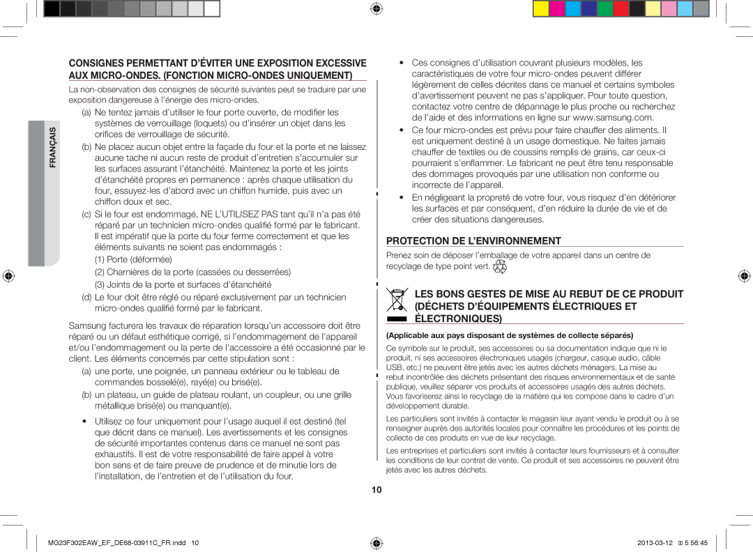 Samsung MG23F301ECS/EF, MG23F301EFS/EF, MG23F301EAW/EF, MS23K3513AS/EF, MG23F301EJS/EF manual Protection DE L’ENVIRONNEMENT 