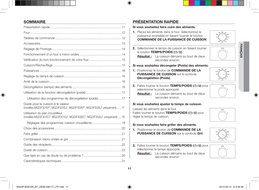 Samsung MG23F301EFS/EF, MG23F301ECS/EF, MG23F301EAW/EF, MS23K3513AS/EF, MG23F301EJS/EF manual Sommaire, Présentation Rapide 