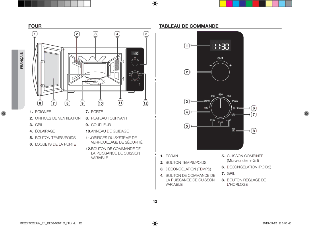 Samsung MG23F301EAW/EF, MG23F301ECS/EF, MG23F301EFS/EF manual Four, Tableau DE Commande, Cuisson Combinée Micro-ondes + Gril 