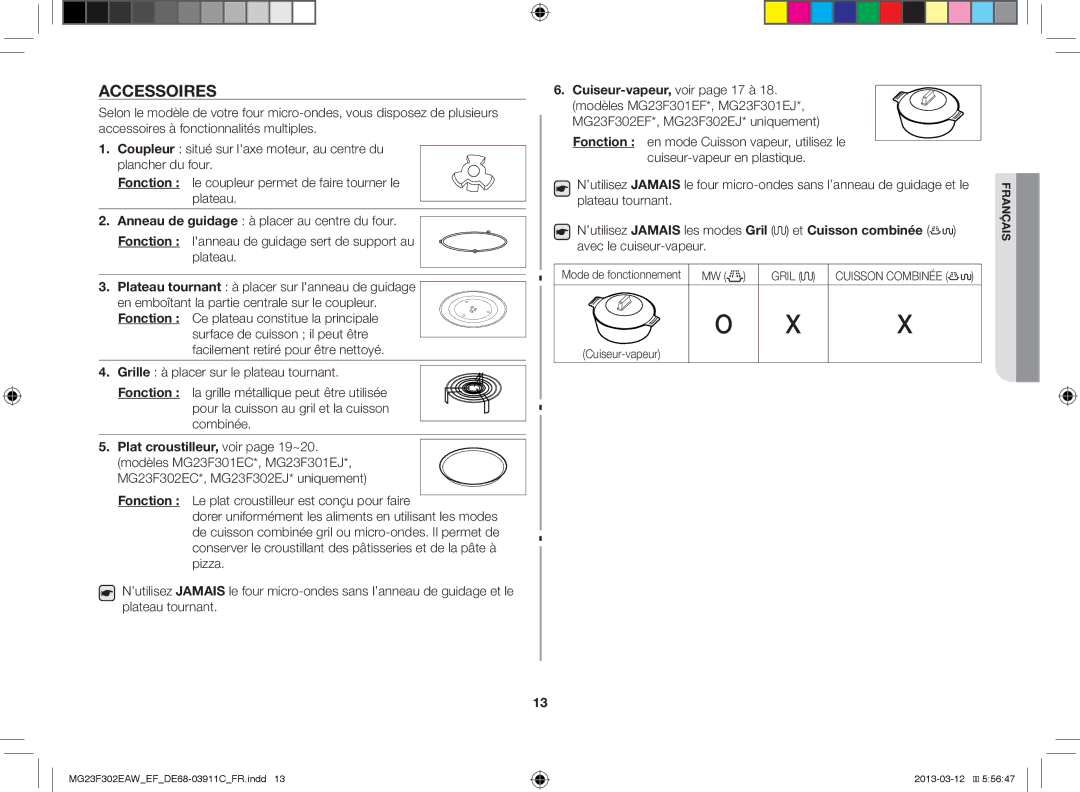 Samsung MS23K3513AS/EF, MG23F301ECS/EF, MG23F301EFS/EF manual Accessoires, Mode de fonctionnement MW, Cuiseur-vapeur 