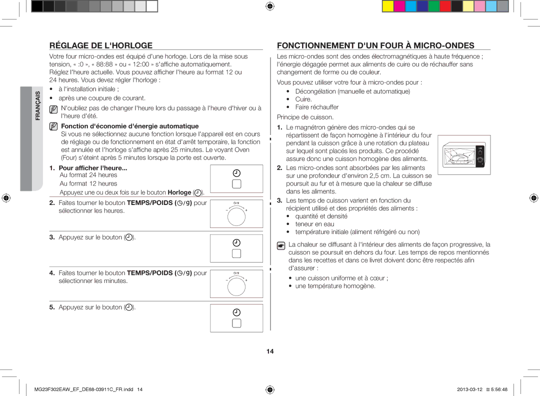 Samsung MG23F301EJS/EF Réglage DE Lhorloge, Fonctionnement DUN Four À MICRO-ONDES, Fonction déconomie dénergie automatique 