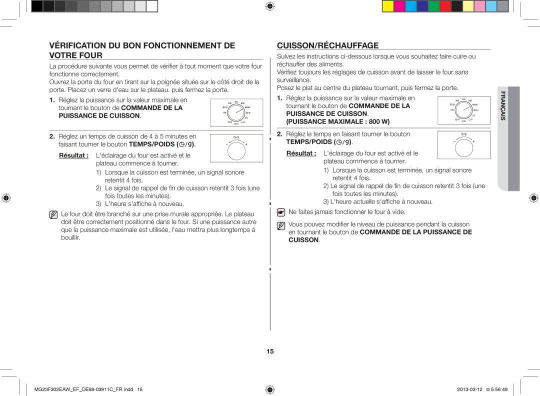 Samsung MG23F301ECS/EF, MG23F301EFS/EF manual Vérification DU BON Fonctionnement DE Votre Four, Cuisson/Réchauffage 