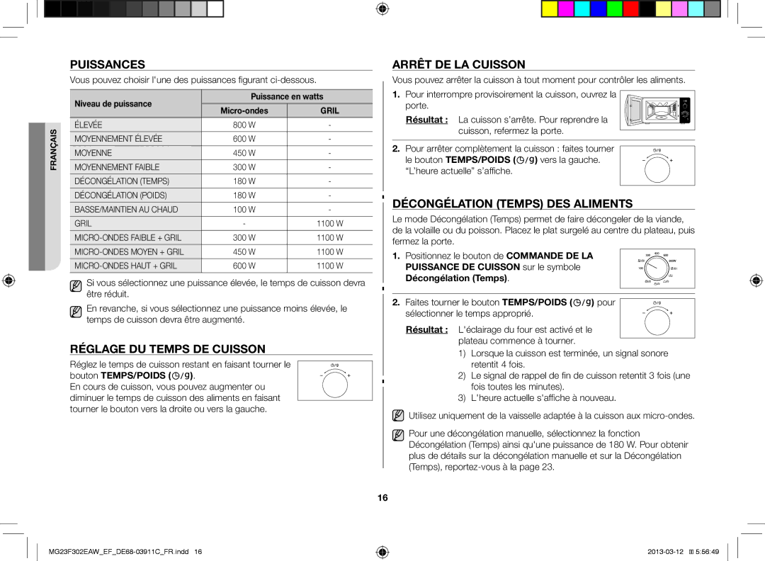 Samsung MG23F301EFS/EF Puissances, Réglage DU Temps DE Cuisson, Arrêt DE LA Cuisson, Décongélation Temps DES Aliments 