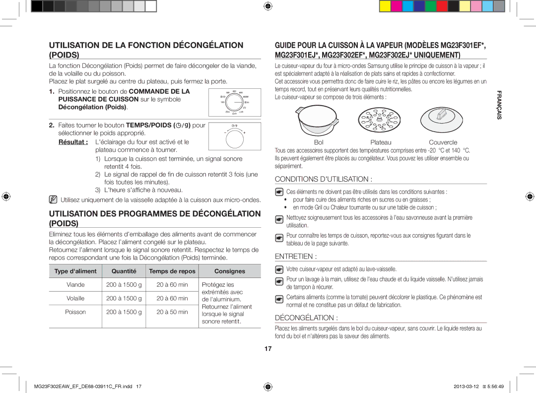 Samsung MG23F301EAW/EF Utilisation DE LA Fonction Décongélation Poids, Utilisation DES Programmes DE Décongélation Poids 