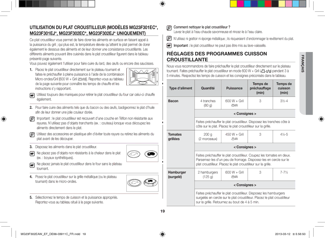 Samsung MG23F301EJS/EF manual Réglages DES Programmes Cuisson Croustillante, Afin de leur donner une jolie couleur dorée 