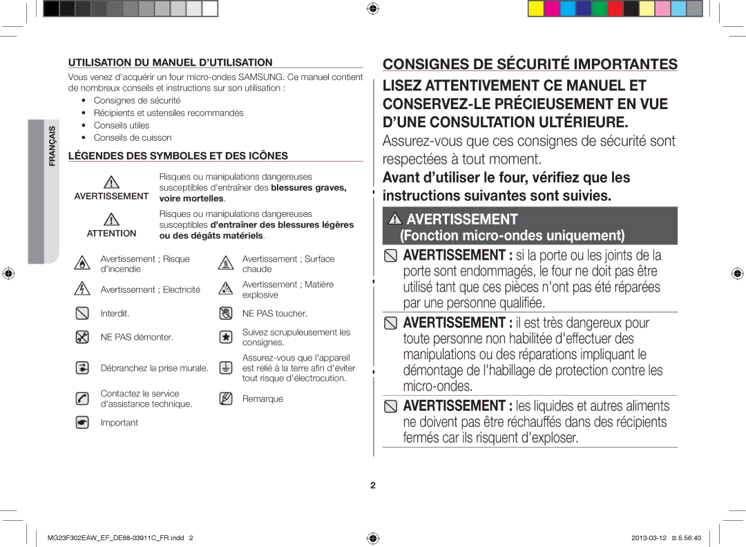 Samsung MG23F301EAW/EF, MG23F301ECS/EF, MG23F301EFS/EF, MS23K3513AS/EF Remarque, Contactez le service dassistance technique 