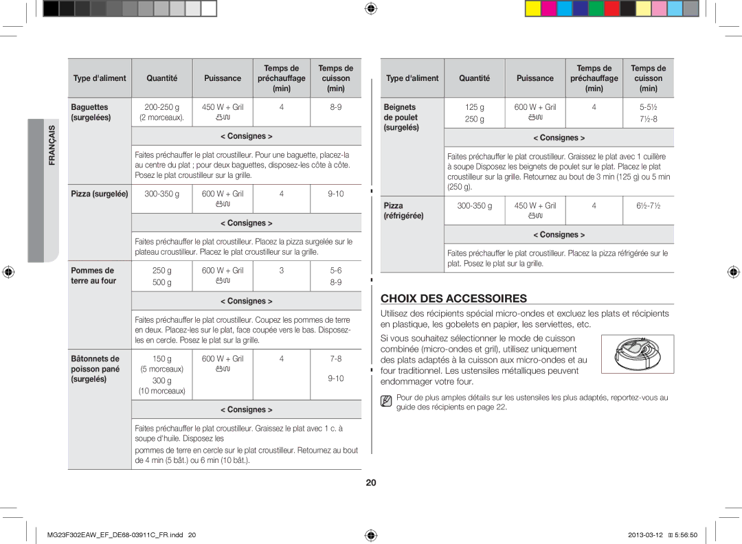 Samsung MG23F301ECS/EF, MG23F301EFS/EF, MG23F301EAW/EF, MS23K3513AS/EF, MG23F301EJS/EF manual Choix DES Accessoires 