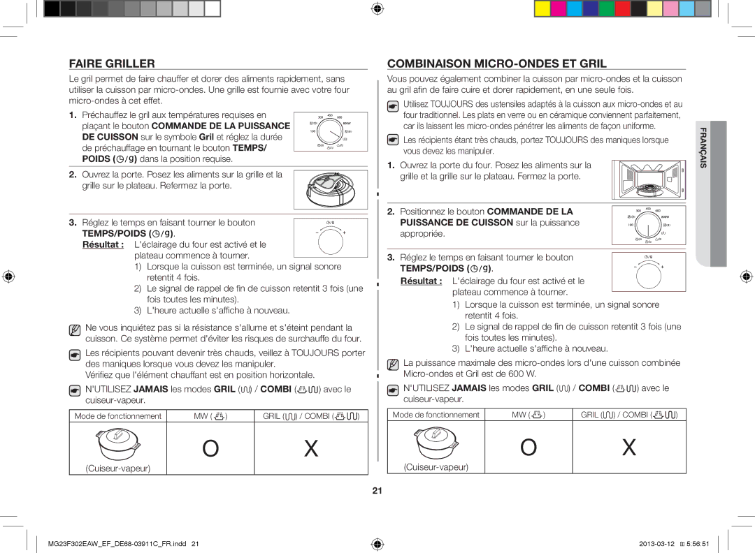 Samsung MG23F301EFS/EF, MG23F301ECS/EF, MG23F301EAW/EF manual Faire Griller, Combinaison MICRO-ONDES ET Gril, Cuiseur-vapeur 