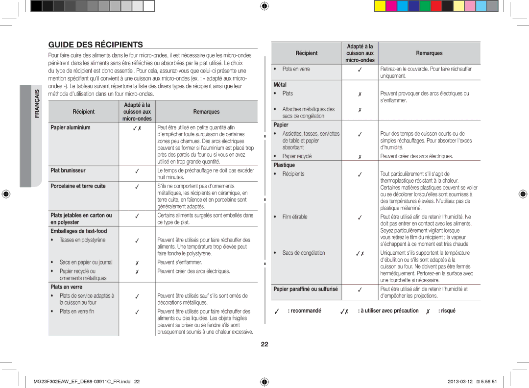 Samsung MG23F301EAW/EF, MG23F301ECS/EF, MG23F301EFS/EF, MS23K3513AS/EF, MG23F301EJS/EF manual Guide DES Récipients 