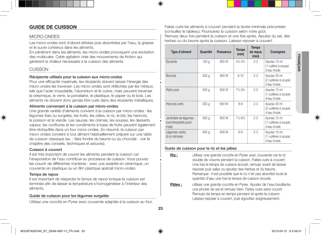 Samsung MS23K3513AS/EF, MG23F301ECS/EF, MG23F301EFS/EF, MG23F301EAW/EF, MG23F301EJS/EF manual Guide DE Cuisson, Micro-Ondes 