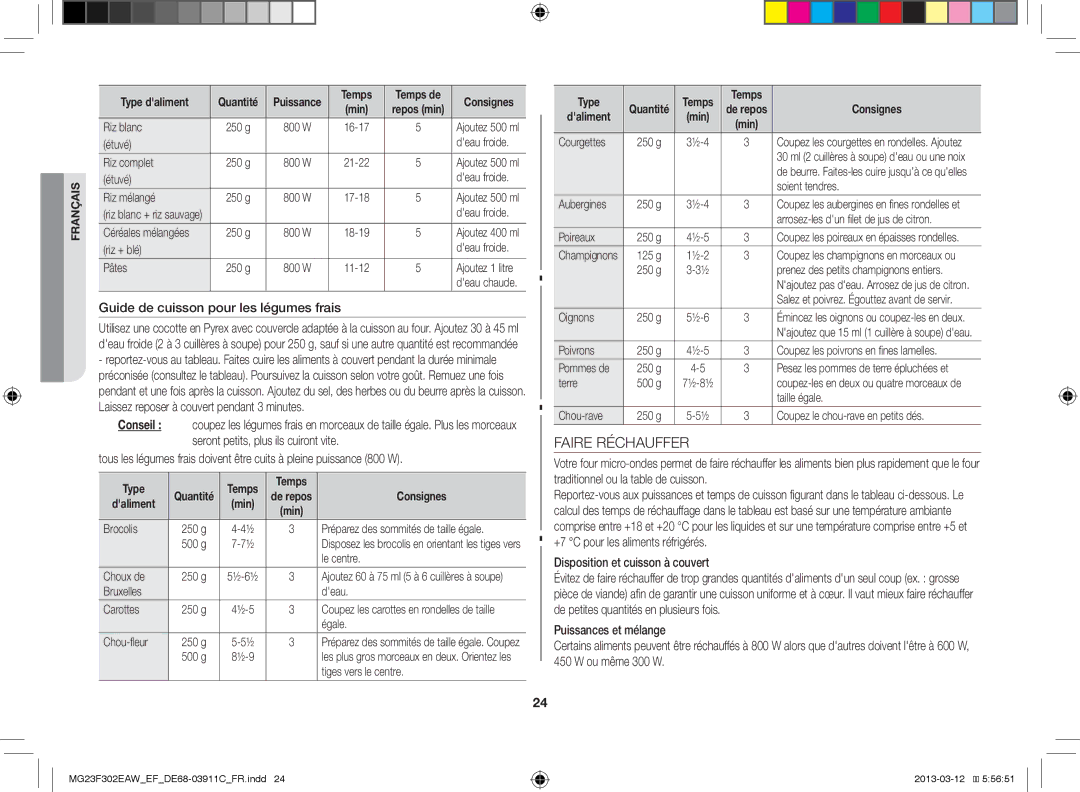 Samsung MG23F301EJS/EF manual Faire Réchauffer, Guide de cuisson pour les légumes frais, Disposition et cuisson à couvert 