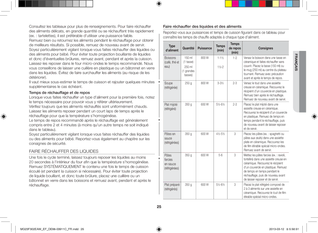 Samsung MG23F301ECS/EF, MG23F301EFS/EF, MG23F301EAW/EF, MS23K3513AS/EF, MG23F301EJS/EF manual Faire Réchauffer DES Liquides 