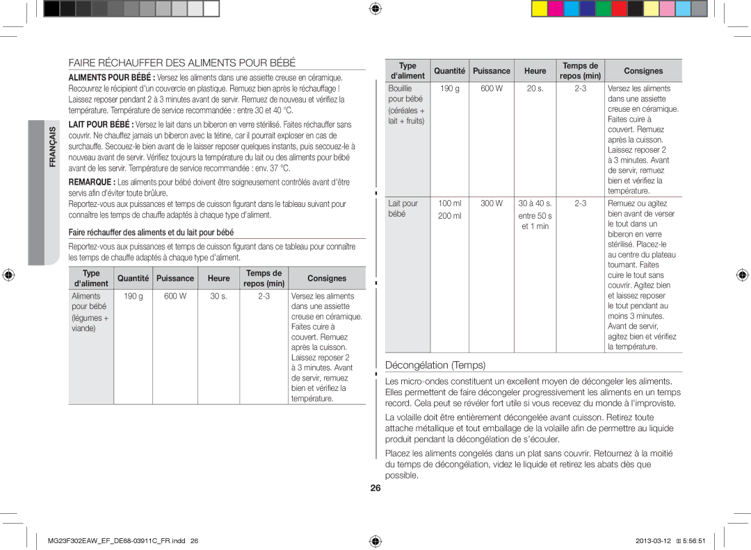 Samsung MG23F301EFS/EF manual Faire Réchauffer DES Aliments Pour Bébé, Faire réchauffer des aliments et du lait pour bébé 