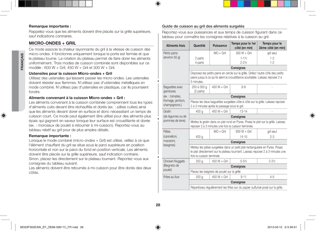 Samsung MS23K3513AS/EF, MG23F301ECS/EF Remarque importante, Ustensiles pour la cuisson Micro-ondes + Gril, Temps pour le 