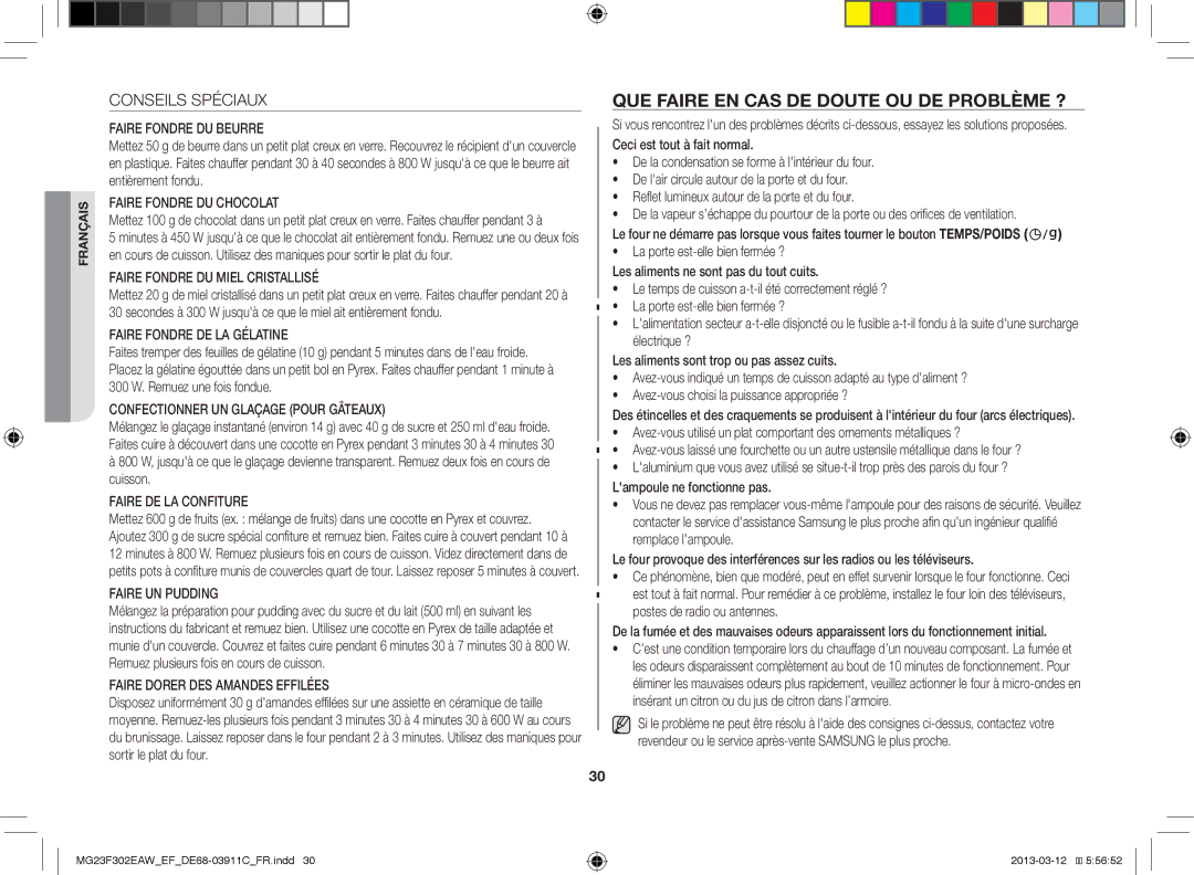 Samsung MG23F301ECS/EF, MG23F301EFS/EF, MG23F301EAW/EF manual QUE Faire EN CAS DE Doute OU DE Problème ?, Conseils Spéciaux 