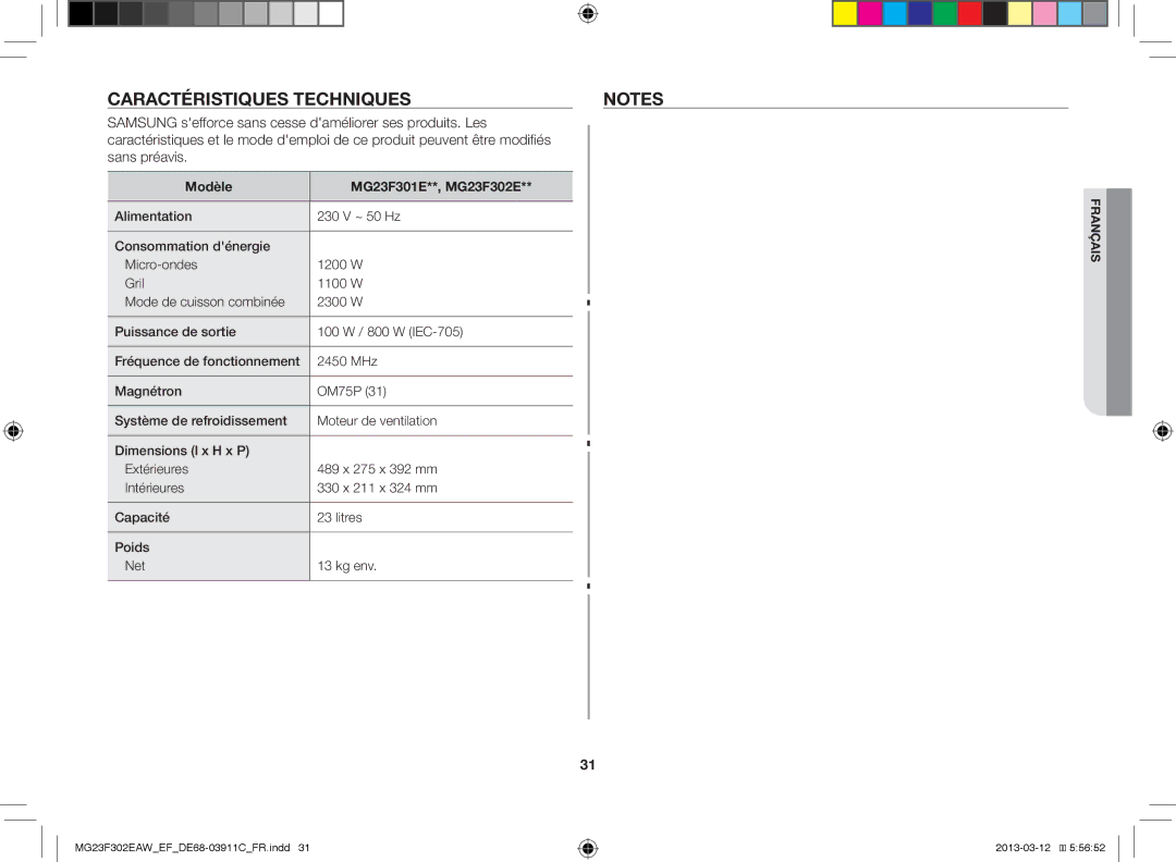 Samsung MG23F301EFS/EF, MG23F301ECS/EF, MG23F301EAW/EF manual Caractéristiques Techniques, Modèle MG23F301E**, MG23F302E 