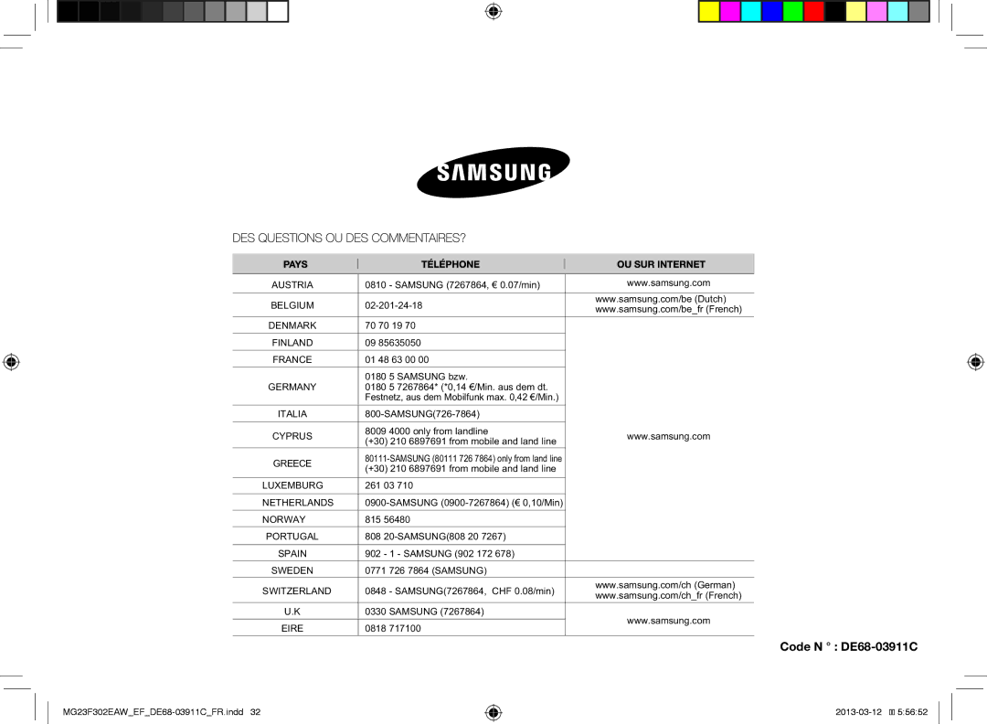 Samsung MG23F301EAW/EF, MG23F301ECS/EF, MG23F301EFS/EF, MS23K3513AS/EF, MG23F301EJS/EF manual Code N DE68-03911C, Austria 