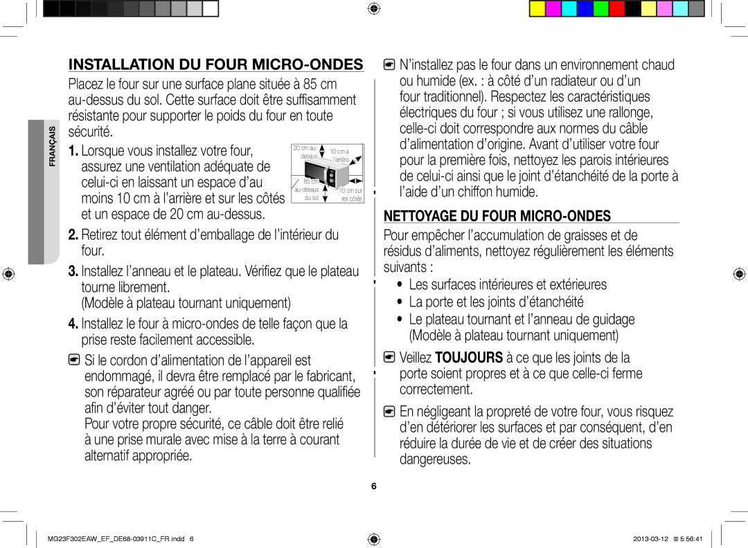 Samsung MG23F301EFS/EF, MG23F301ECS/EF, MG23F301EAW/EF, MS23K3513AS/EF, MG23F301EJS/EF manual Installation DU Four MICRO-ONDES 