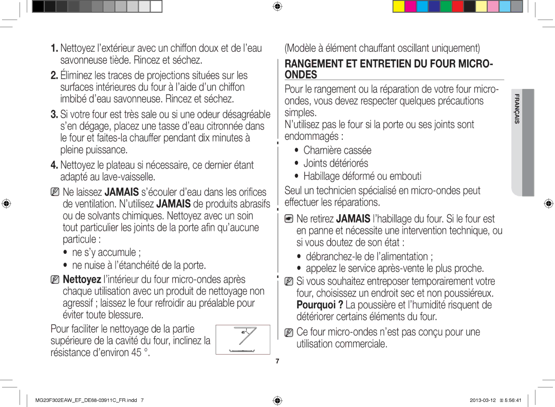 Samsung MG23F301EAW/EF, MG23F301ECS/EF, MG23F301EFS/EF, MS23K3513AS/EF manual Rangement ET Entretien DU Four MICRO- Ondes 