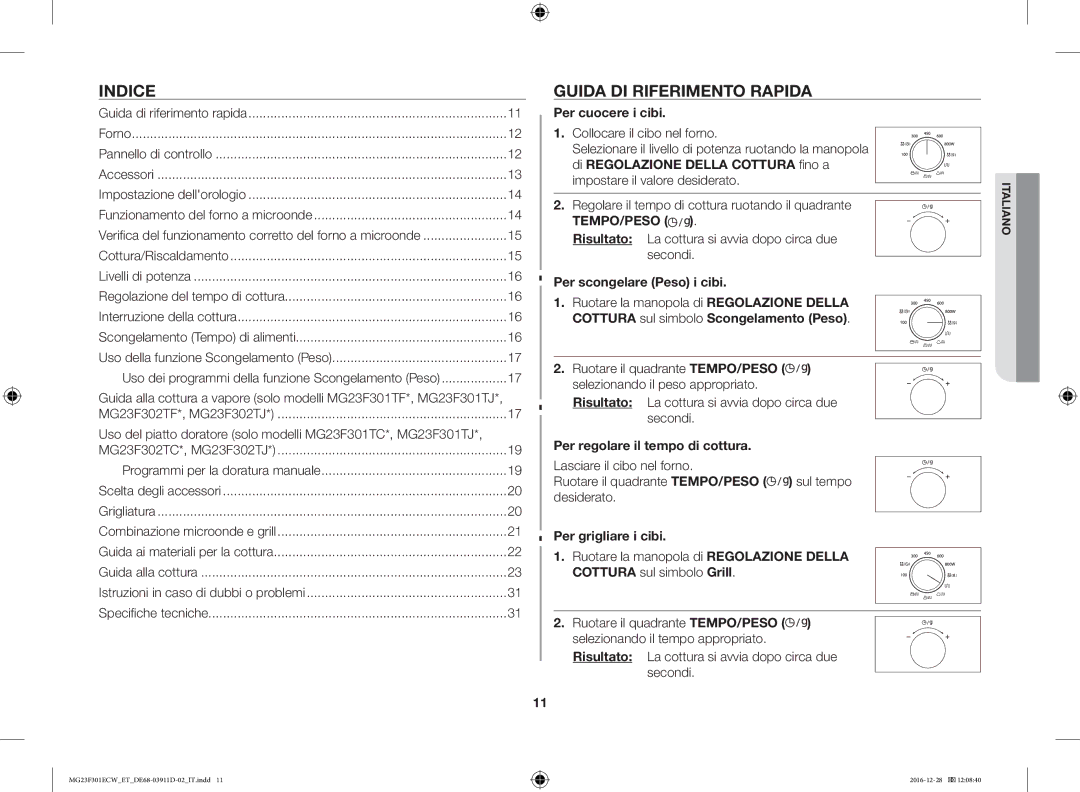 Samsung MG23F301ECW/ET manual Indice, Guida DI Riferimento Rapida 