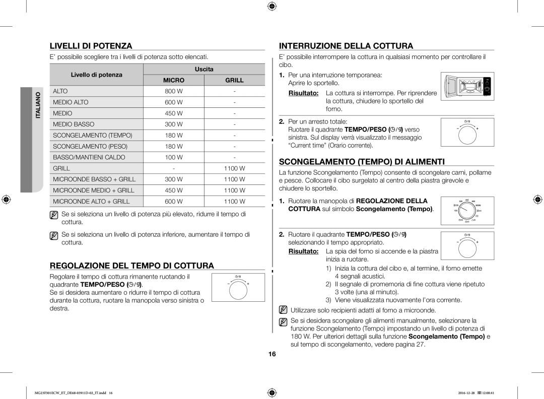 Samsung MG23F301ECW/ET manual Livelli DI Potenza, Regolazione DEL Tempo DI Cottura, Interruzione Della Cottura 