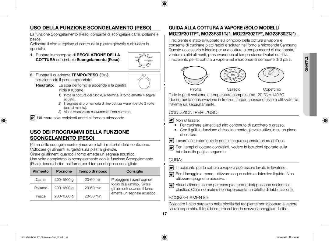 Samsung MG23F301ECW/ET USO Della Funzione Scongelamento Peso, USO DEI Programmi Della Funzione Scongelamento Peso, Cura 