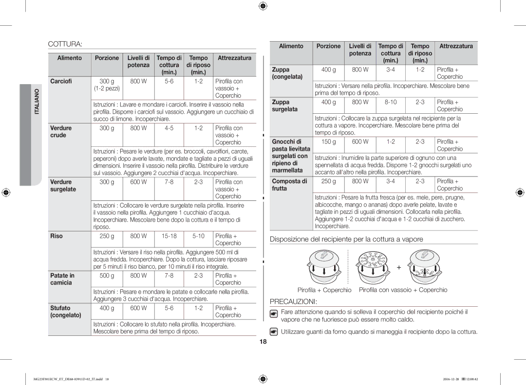 Samsung MG23F301ECW/ET manual Cottura, Precauzioni 
