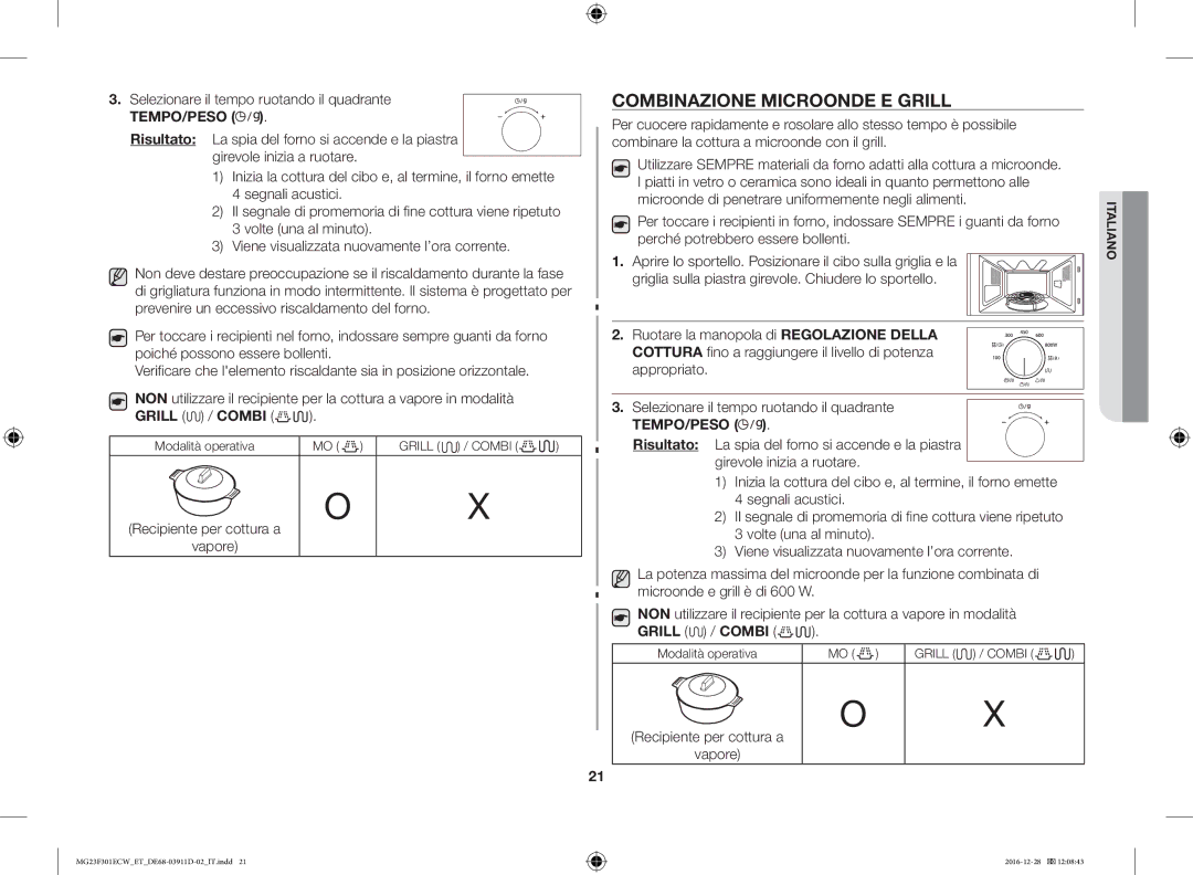 Samsung MG23F301ECW/ET manual Combinazione Microonde E Grill, Grill / Combi 