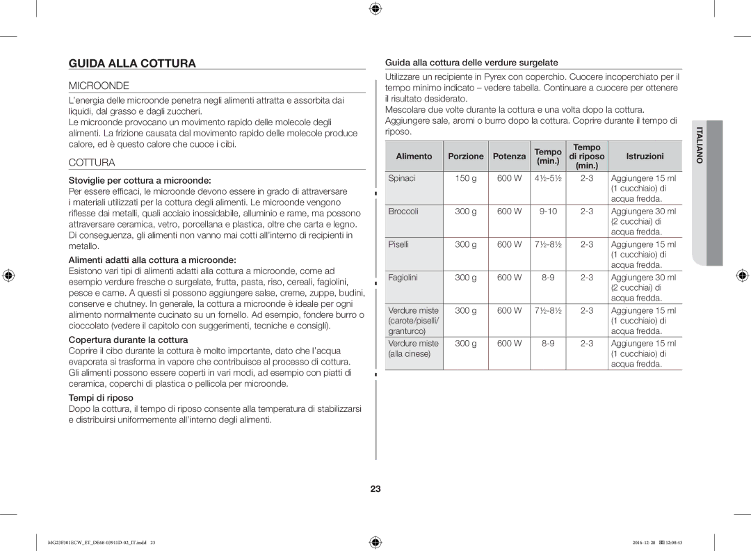 Samsung MG23F301ECW/ET manual Guida Alla Cottura, Microonde, Alimento Porzione Potenza Tempo, Istruzioni 