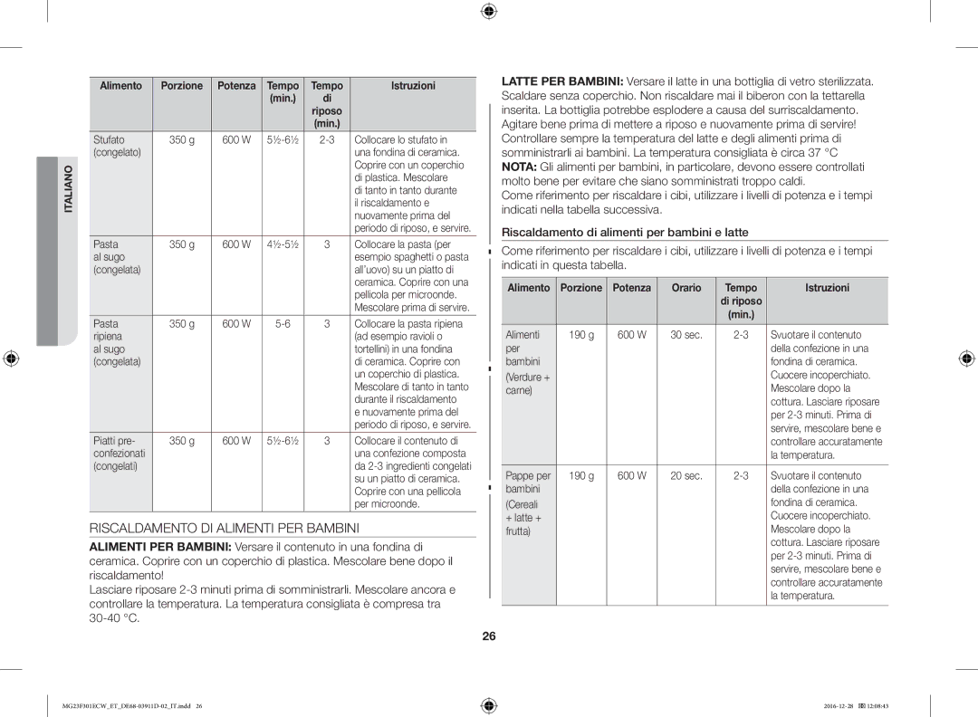 Samsung MG23F301ECW/ET manual Riscaldamento DI Alimenti PER Bambini, Potenza Orario Tempo Istruzioni 