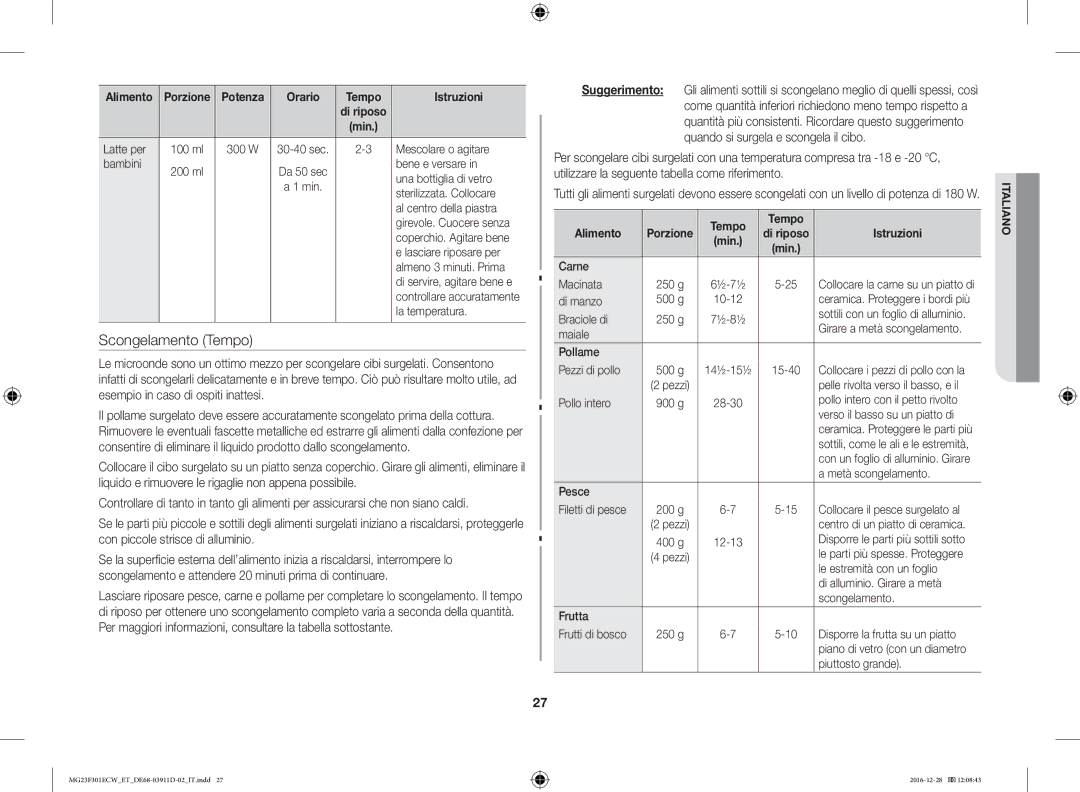 Samsung MG23F301ECW/ET manual Tempo Alimento 