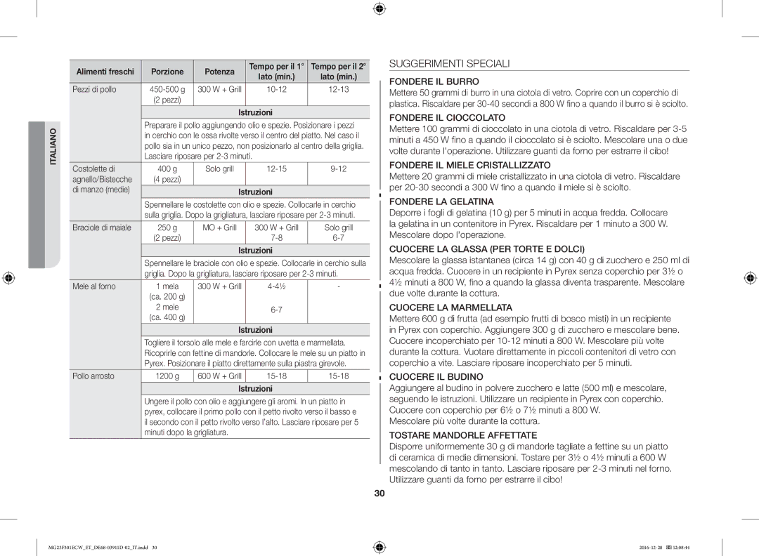 Samsung MG23F301ECW/ET Suggerimenti Speciali, Lasciare riposare per 2-3 minuti Costolette di, Mele al forno, Pollo arrosto 