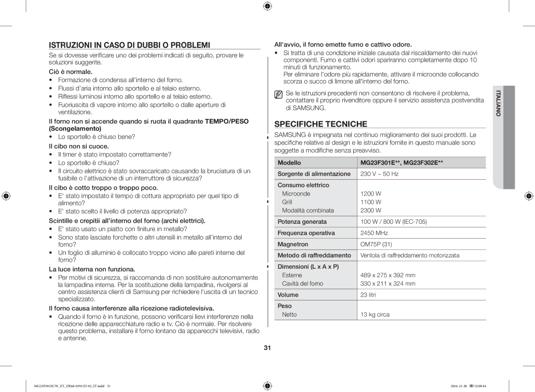 Samsung MG23F301ECW/ET manual Istruzioni in Caso DI Dubbi O Problemi, Specifiche Tecniche, Modello MG23F301E**, MG23F302E 