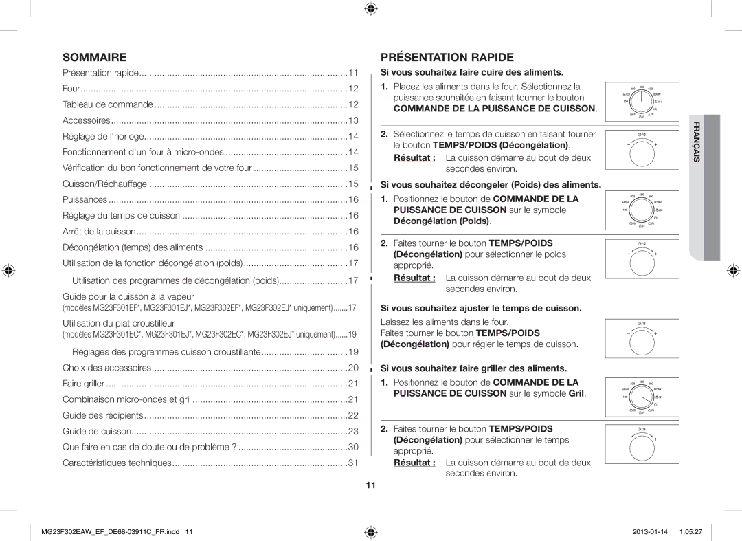 Samsung MG23F301EJW/EF manual Sommaire, Présentation Rapide 