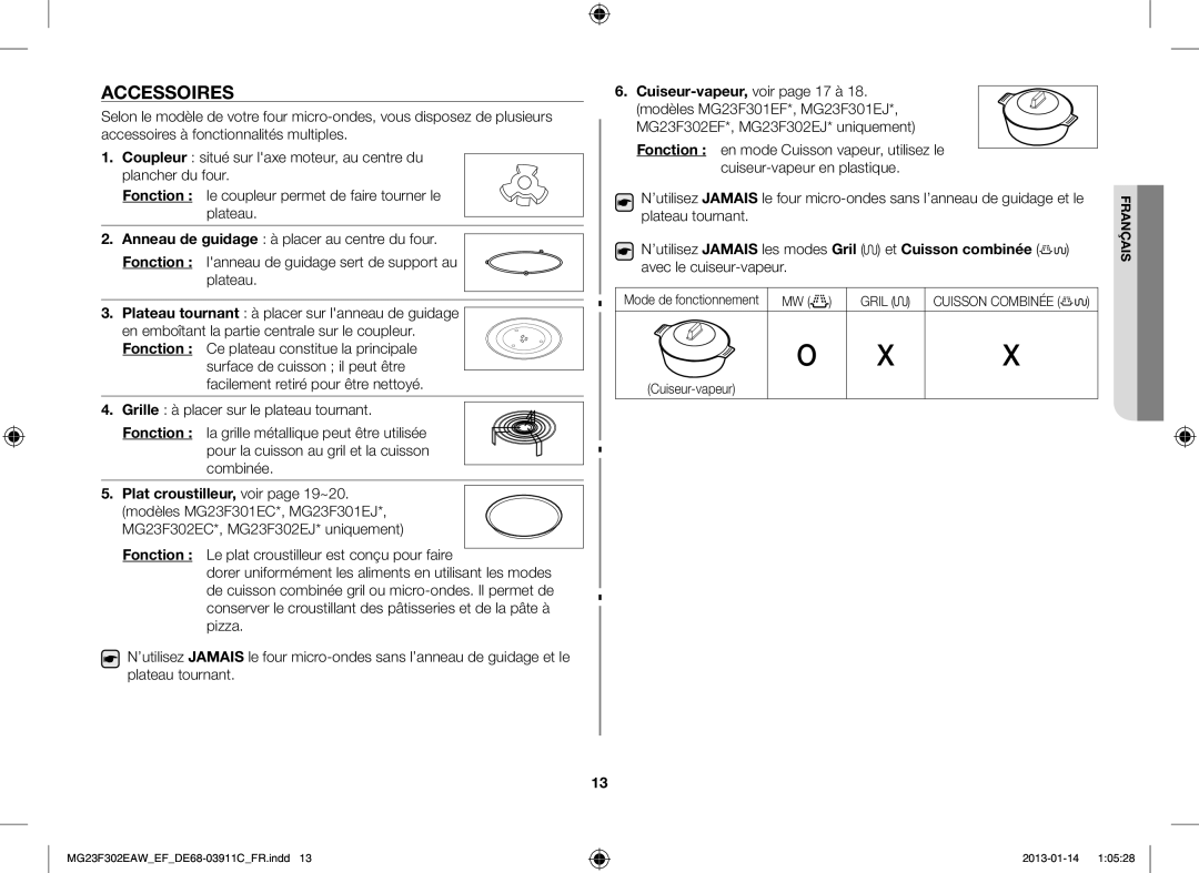 Samsung MG23F301EJW/EF manual Accessoires, Mode de fonctionnement MW, Cuiseur-vapeur 