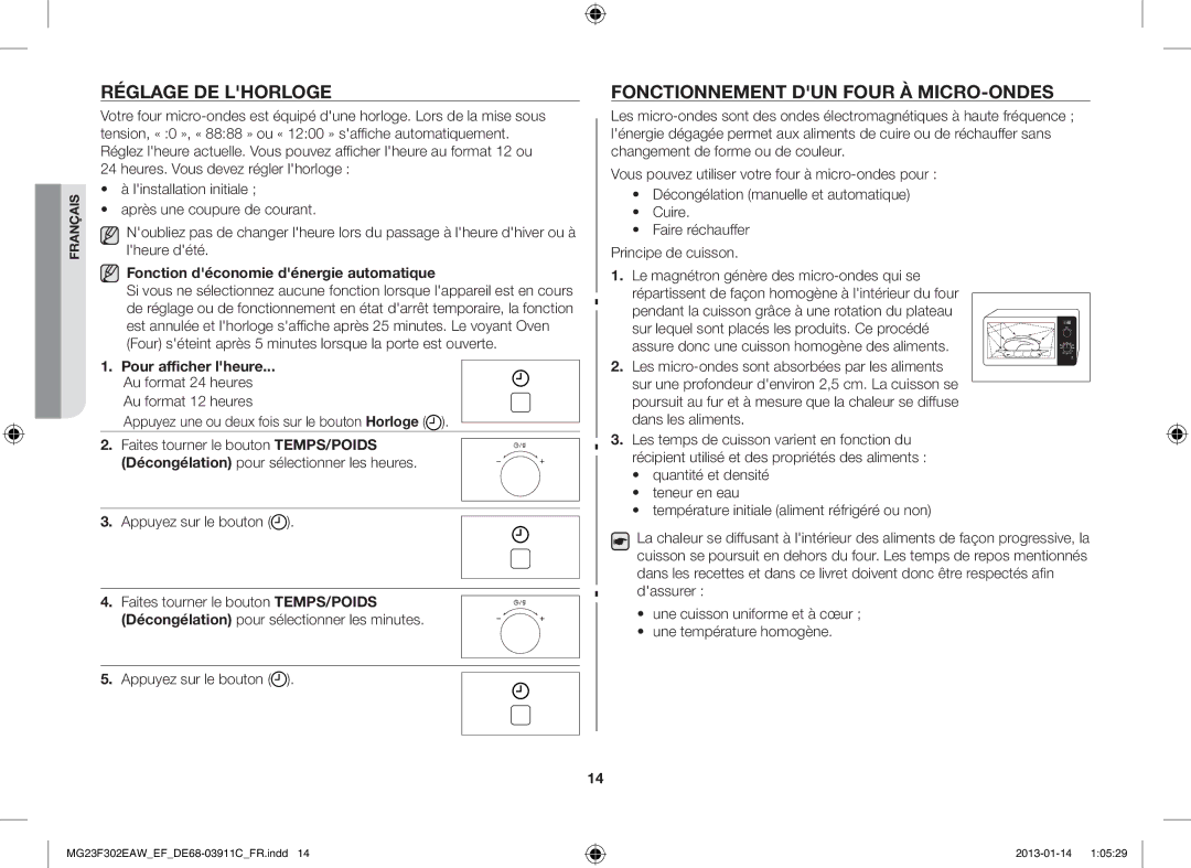 Samsung MG23F301EJW/EF Réglage DE Lhorloge, Fonctionnement DUN Four À MICRO-ONDES, Fonction déconomie dénergie automatique 