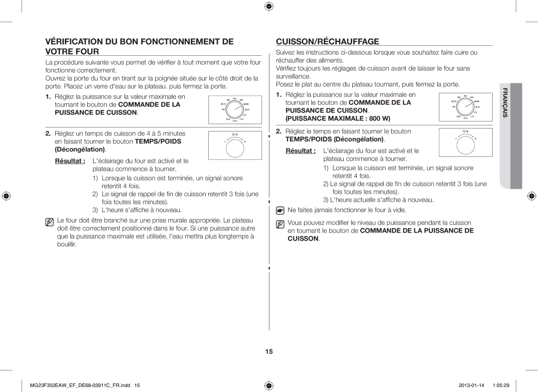 Samsung MG23F301EJW/EF manual Vérification DU BON Fonctionnement DE Votre Four, Cuisson/Réchauffage 