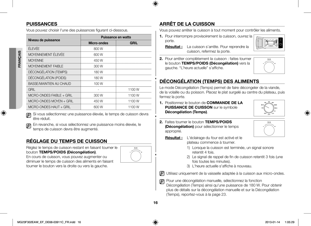 Samsung MG23F301EJW/EF Puissances, Réglage DU Temps DE Cuisson, Arrêt DE LA Cuisson, Décongélation Temps DES Aliments 