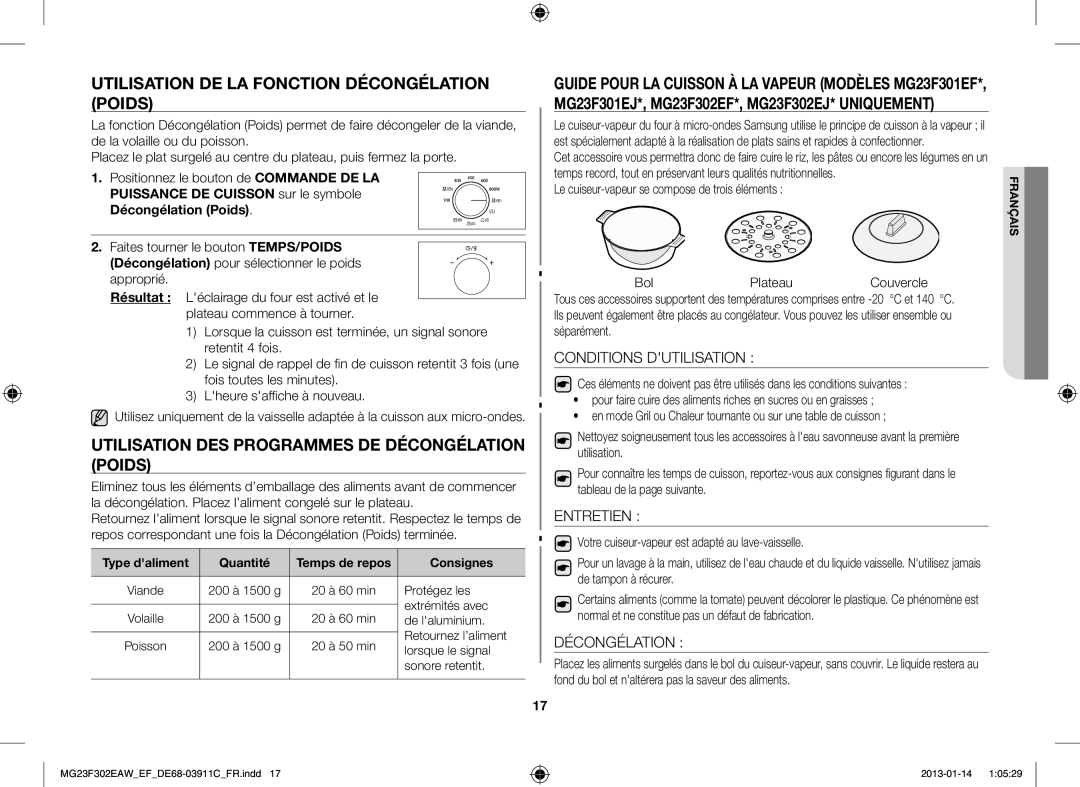 Samsung MG23F301EJW/EF Utilisation DE LA Fonction Décongélation Poids, Utilisation DES Programmes DE Décongélation Poids 