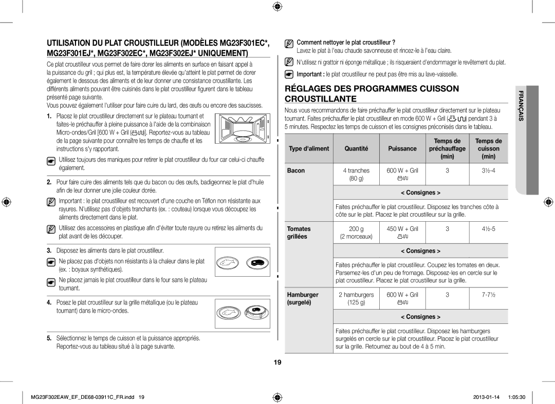 Samsung MG23F301EJW/EF manual Réglages DES Programmes Cuisson Croustillante, Afin de leur donner une jolie couleur dorée 