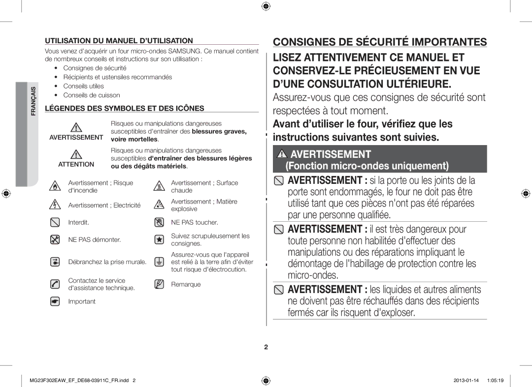 Samsung MG23F301EJW/EF manual Remarque, Contactez le service dassistance technique 